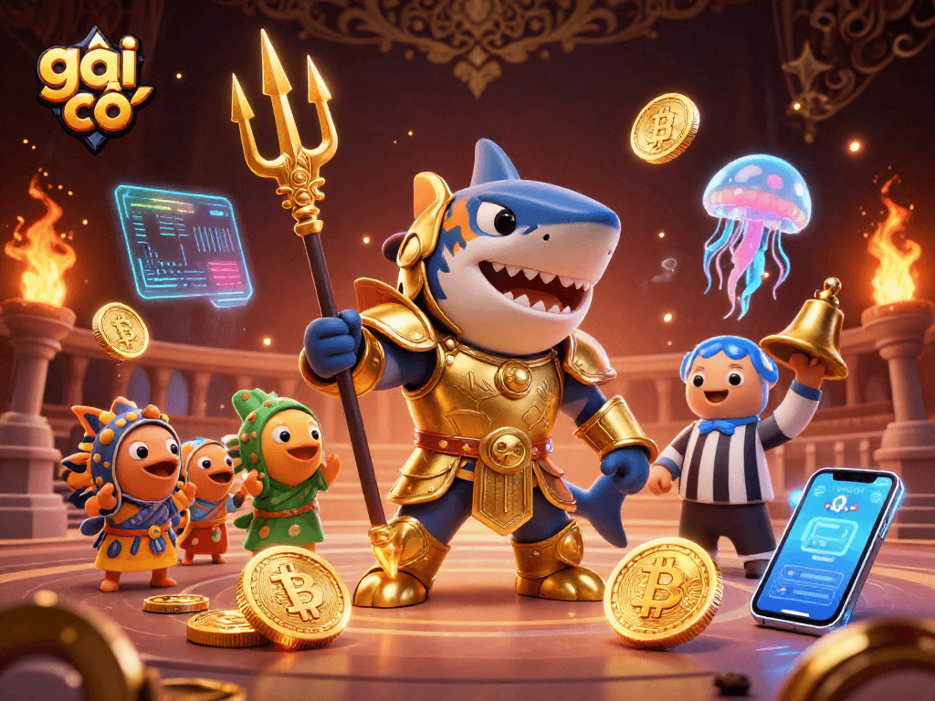 Hình ảnh gái gọi trong bối cảnh sòng bạc với cá mập và xu Bitcoin, mang tính sinh động và hấp dẫn.