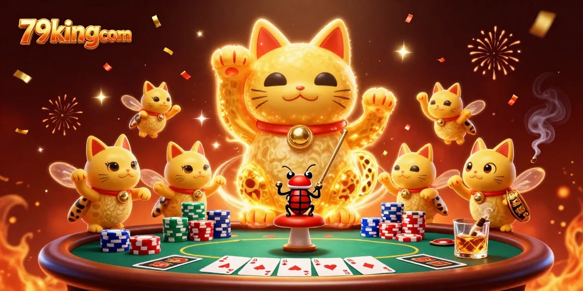 Engage with the vibrant gaming world of 79kingcom through a 3D illustration featuring a lively lucky cat and poker elements.