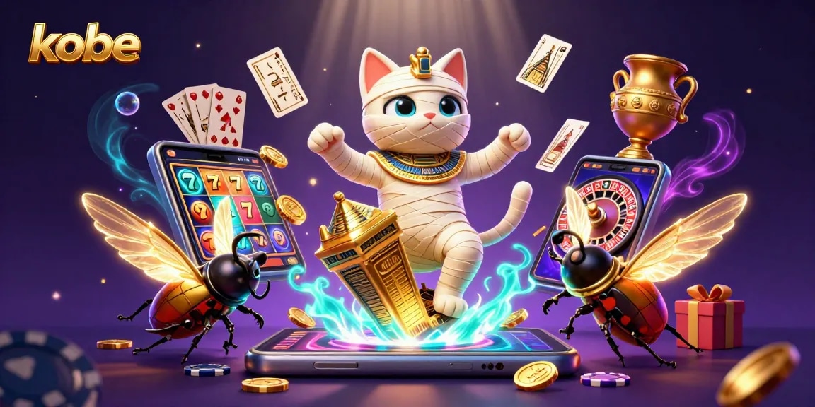 Kobe-inspired gaming scene with Egyptian mummy cat, scarab beetle, and vibrant casino elements.