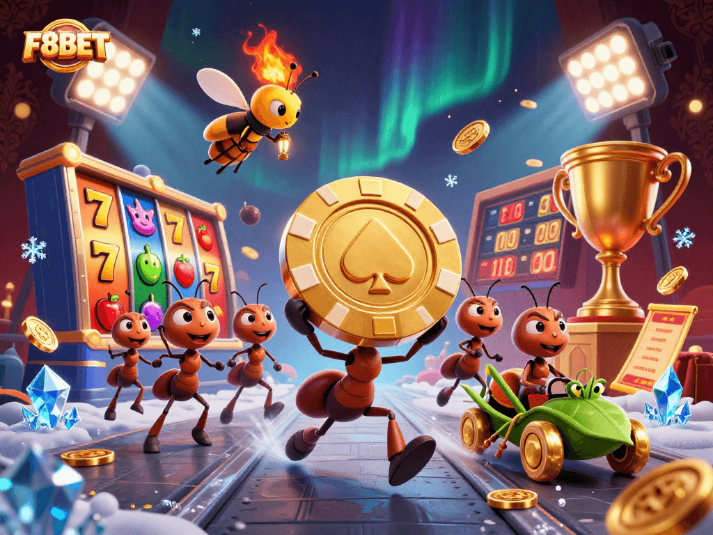 Experience the exciting world of F8BET with ants in a heist carrying a giant poker chip amidst colorful casino elements.