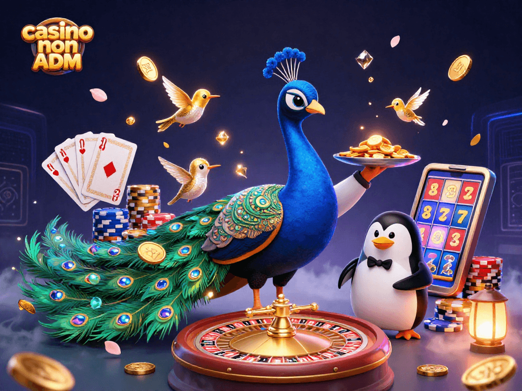 Vinci con casinò non ADM: scena di gioco con personaggi e elementi di casinò in un'illustrazione colorata.