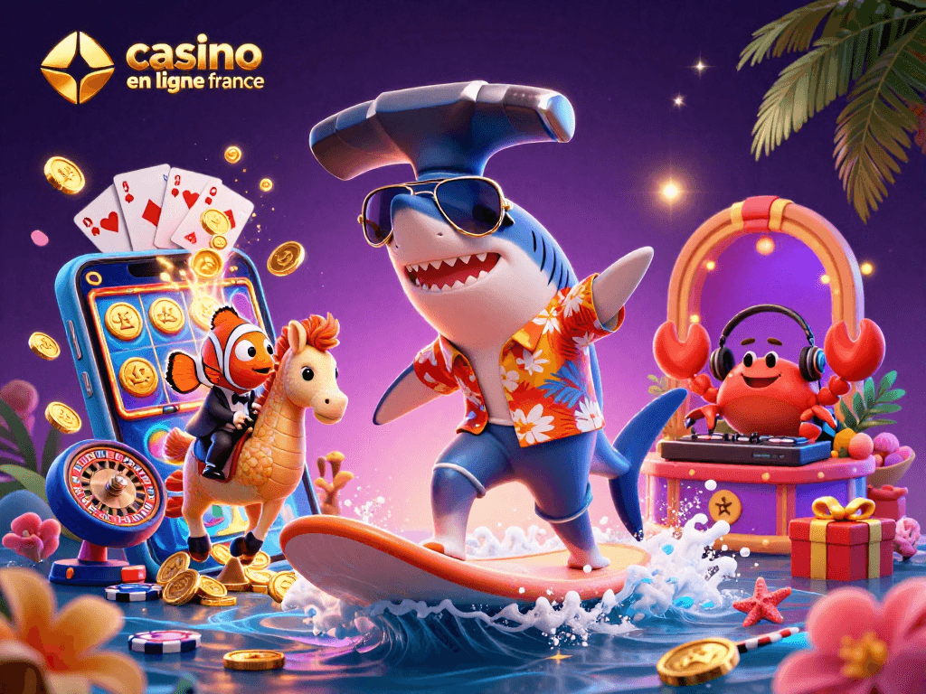 Plongez dans l'univers du casino en ligne France avec ce visuel vibrant et ludique, mettant en scène des personnages marins.
