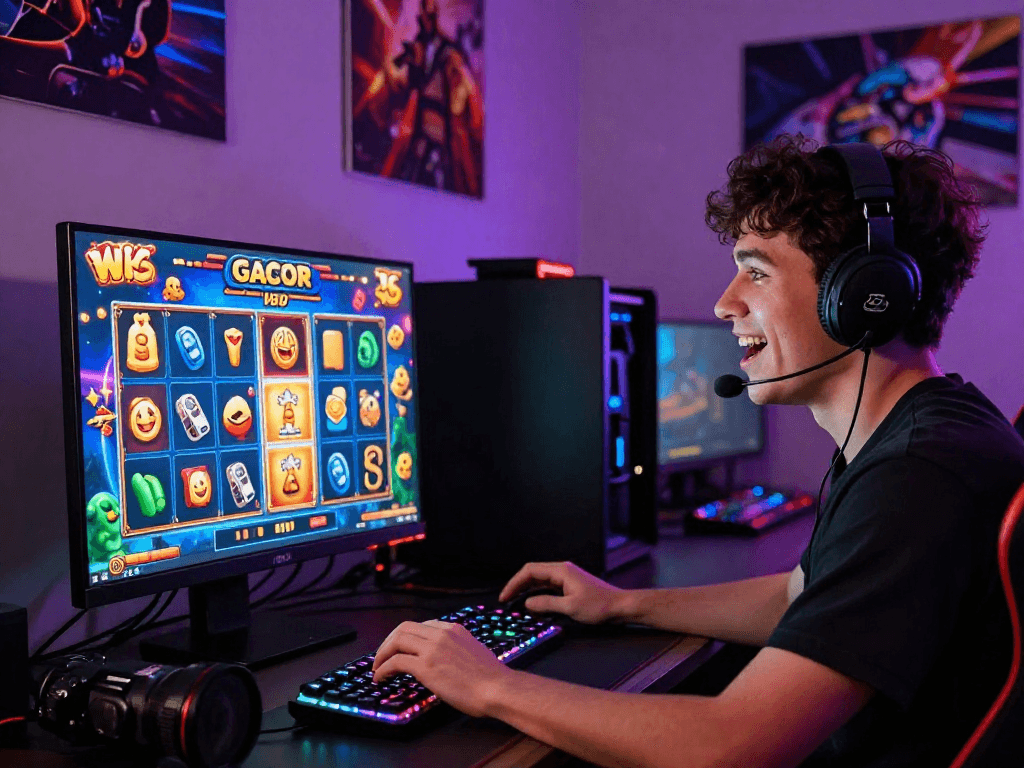 Slot gacor: Pemain menang besar dengan simbol berwarna-warni di layar permainan slot online.