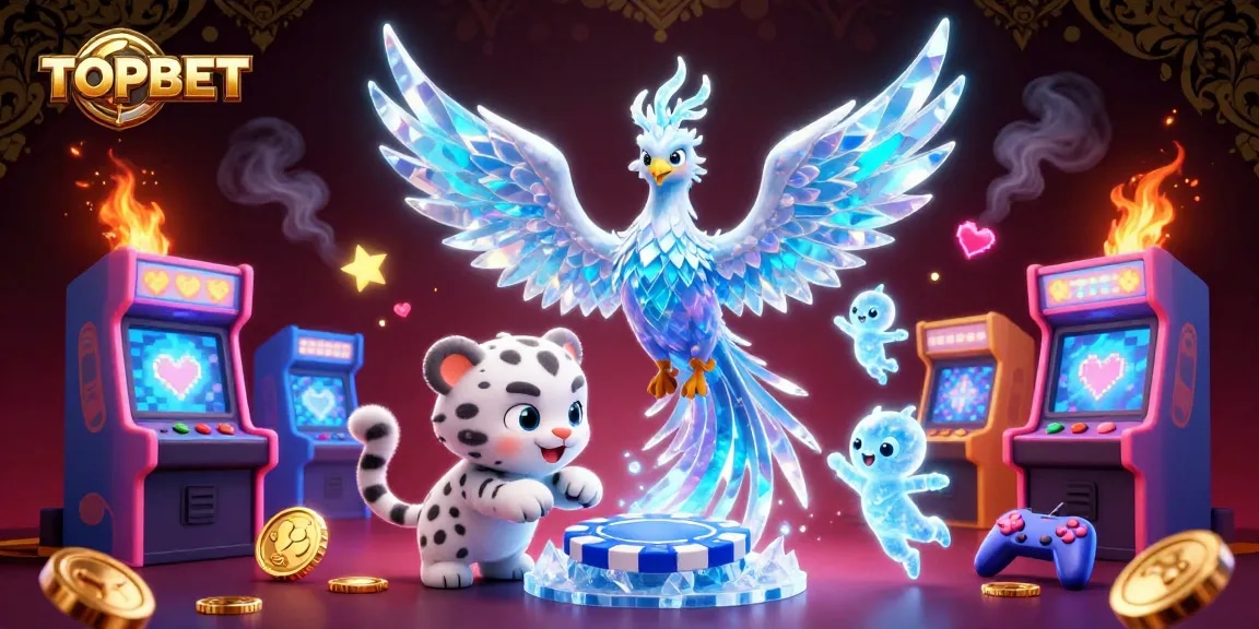 Experience the excitement at TOPBET with a whimsical 3D illustration showcasing an ice phoenix, playful cub, and glowing sprites amid casino elements.