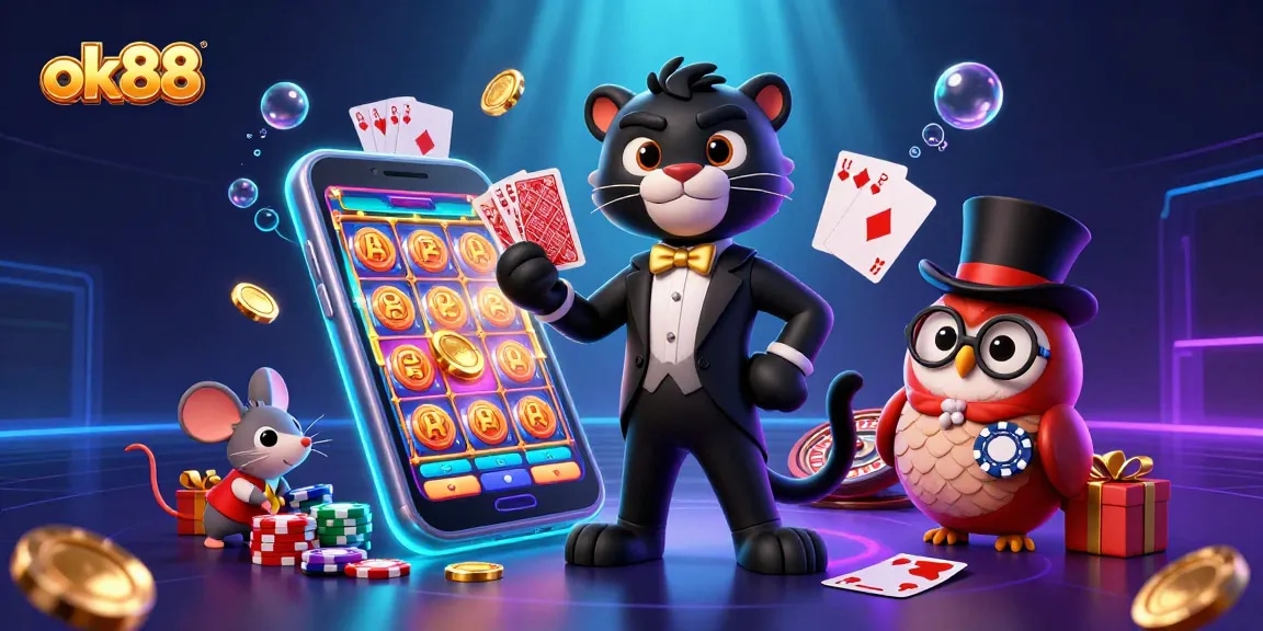 Experience the excitement of ok88 as the panther deals cards among vibrant casino elements.