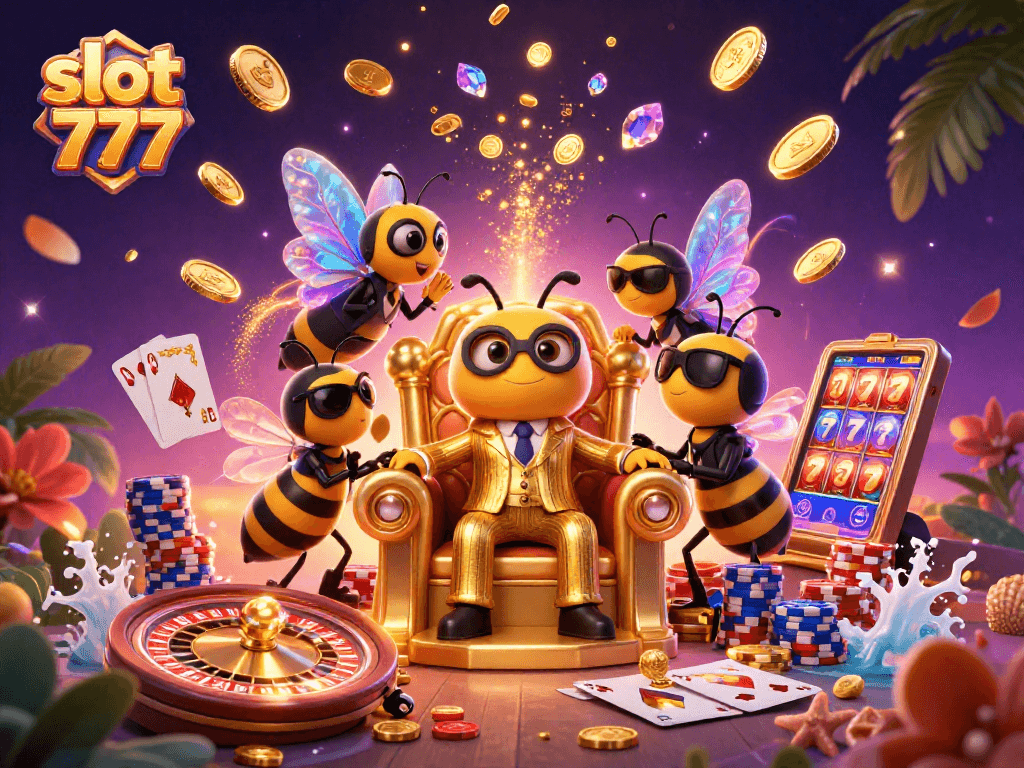 Spin your luck with slot 777 and the buzzing bumblebee mob boss in a magical casino scene.