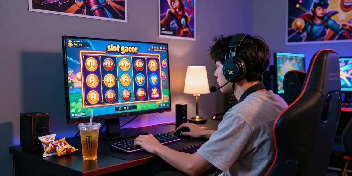 A player engaging with 'slot gacor' game on a vibrant monitor, surrounded by snacks and drinks in an immersive gaming setup.