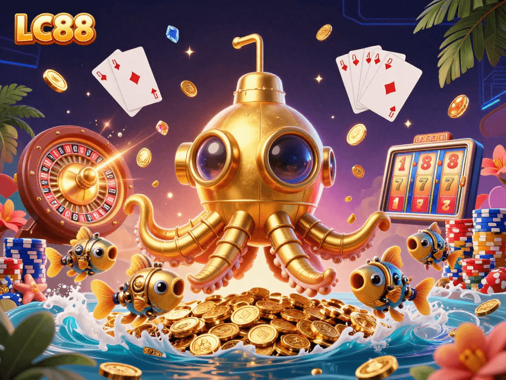 Win on LC88 with a vibrant underwater scene featuring a golden kraken and overflowing coins.