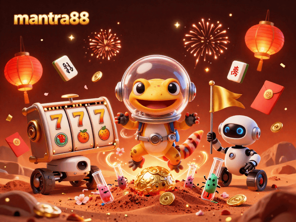 Engage with mantra88 as a Martian gecko finds a buried golden casino in a vibrant 3D scene.