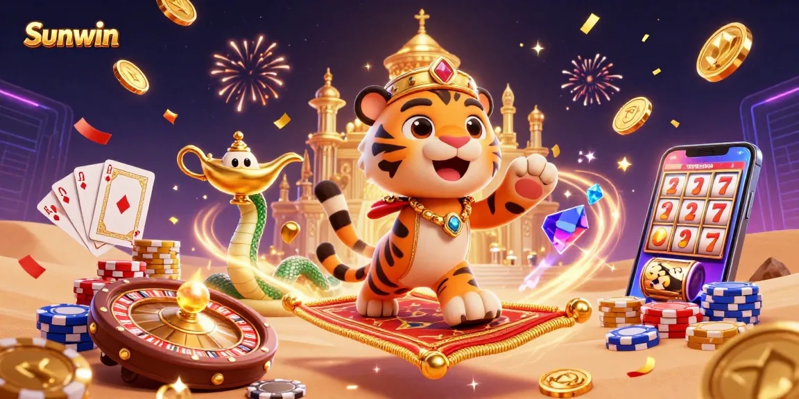 Engage in thrilling play with Sunwin, featuring vibrant casino elements with royal flush cards and sparkling gems.