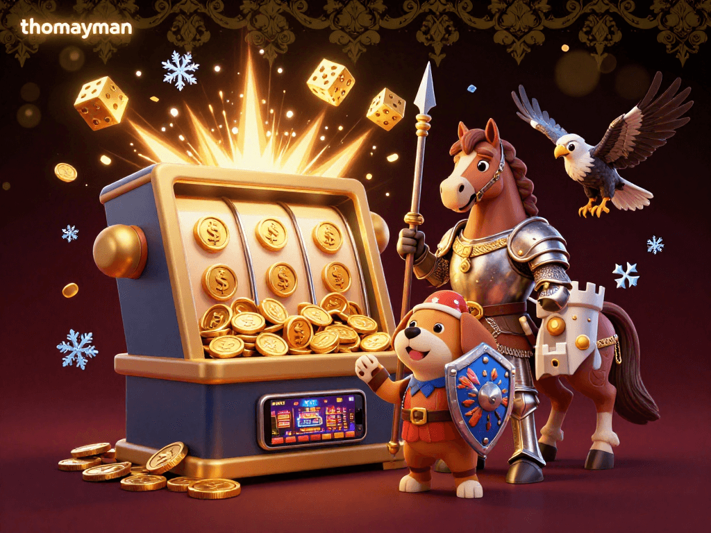 Experience thomayman with a vibrant slot machine scene featuring dynamic jackpot actions and engaging characters.
