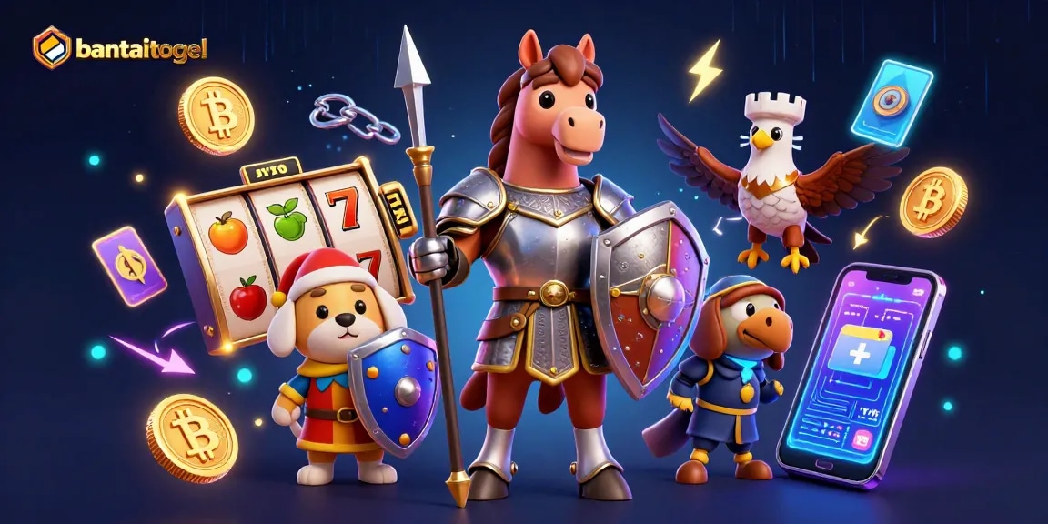 Menggairahkan bantaitogel dengan knight berkuda dalam skenario kasino berisi simbol slot dan koin kripto.
