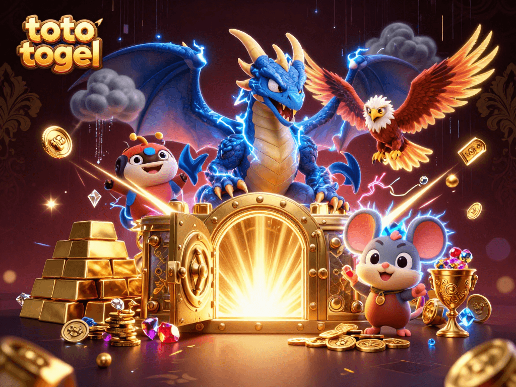 Experience the thrill of toto togel with a 3D illustration of fantasy characters amidst treasures.