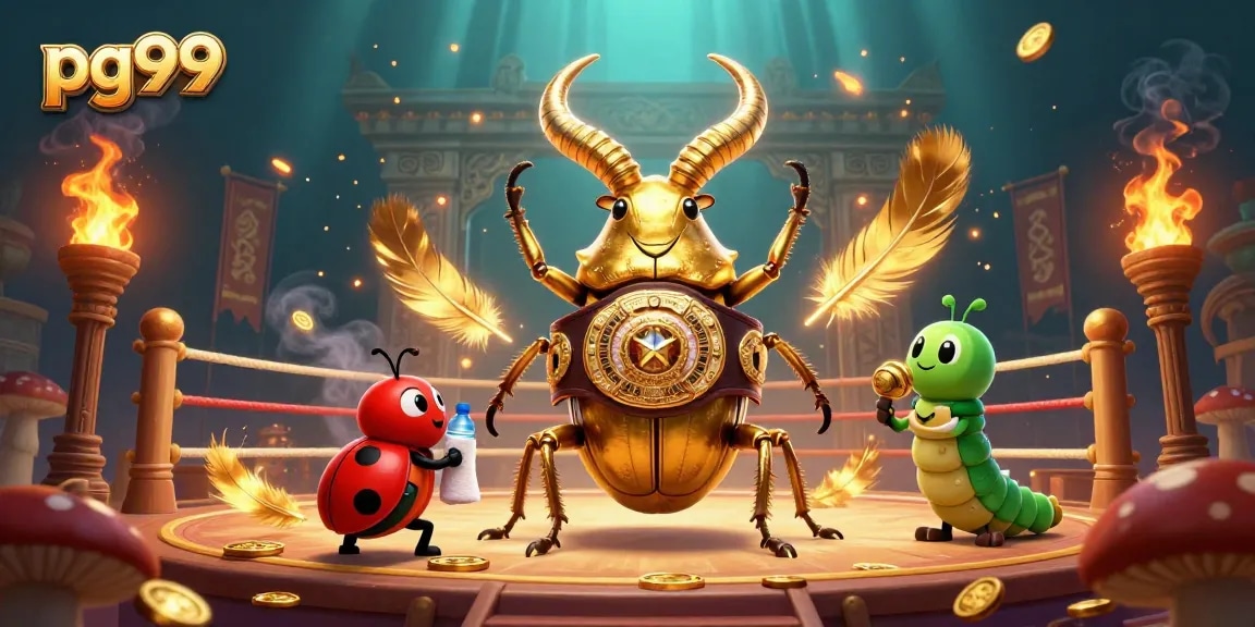 Experience an exciting encounter with pg99's colorful casino atmosphere featuring a golden stag beetle and vibrant characters.