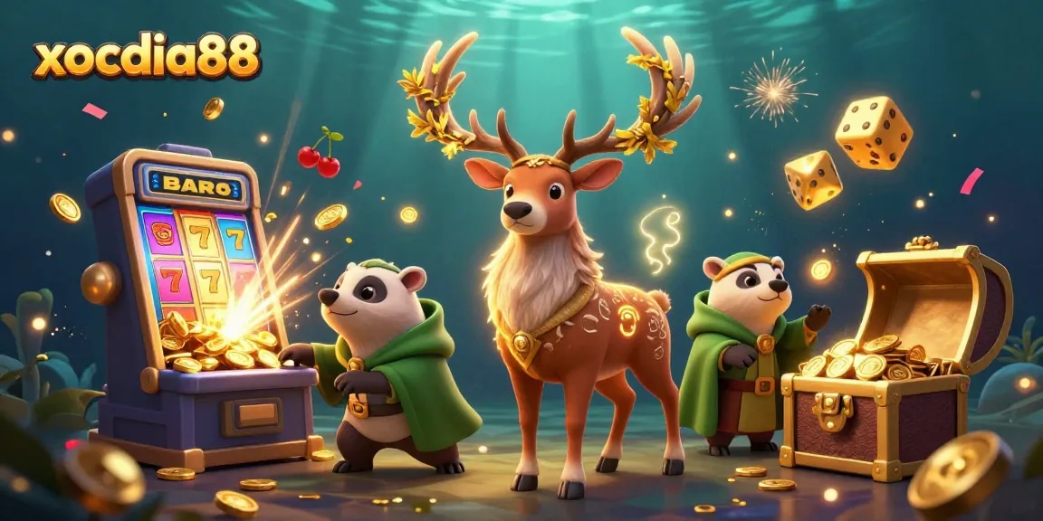 Experience the excitement of xocdia88 with vibrant slot machines bursting coins and magical characters.