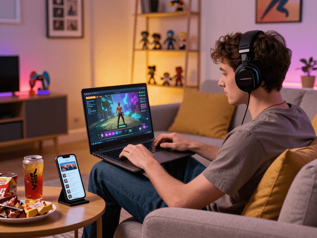 Engaged gamer playing a porn game on modern laptop in a cozy living room.