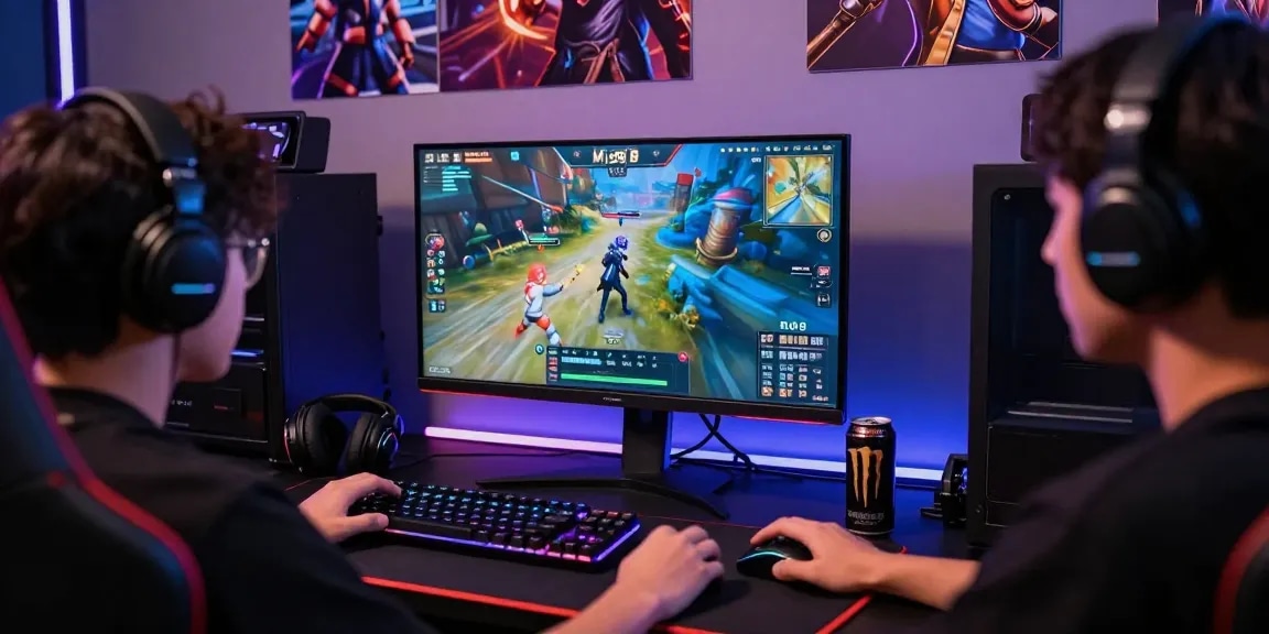 Engaged gamer at gaming setup focusing on M98 ล๊อตเว็บตรง 2026 interface with RGB lighting.