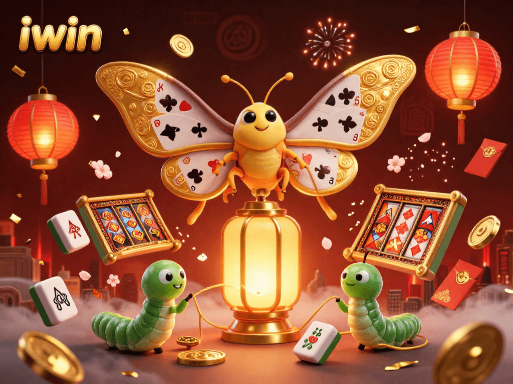 Join the excitement at iwin with a vibrant 3D scene of a majestic atlas moth and casino elements.
