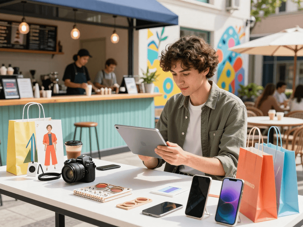 Engaging e-commerce shopping scene featuring mantra88 products in a vibrant urban café.