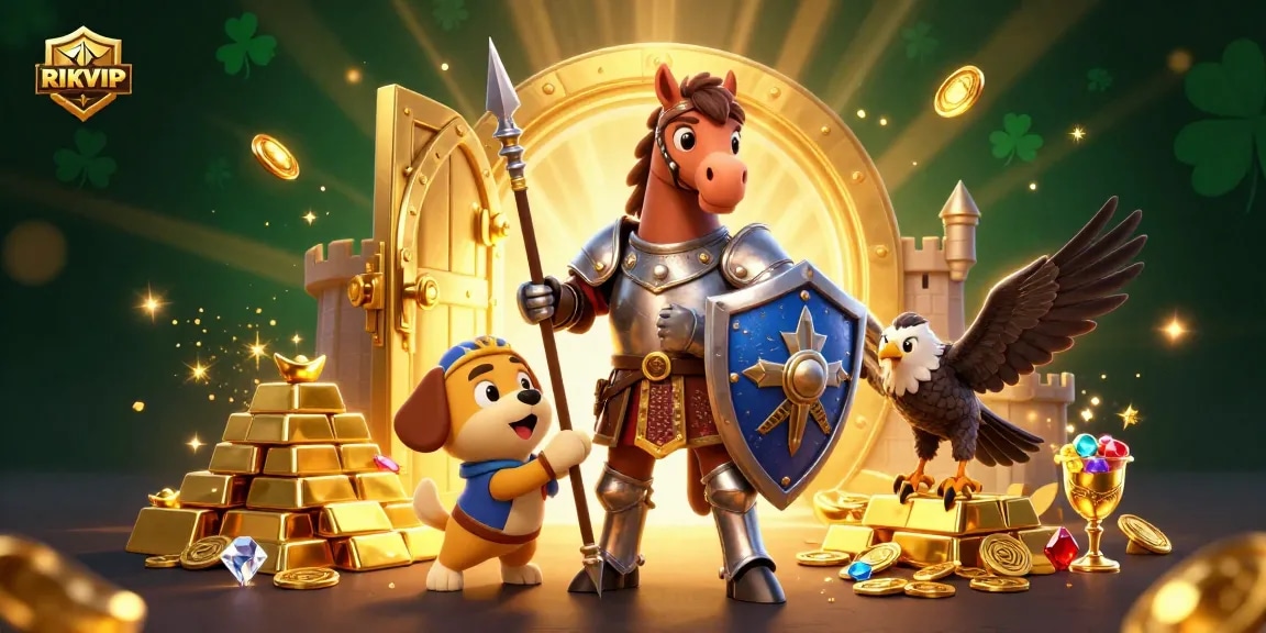Experience the excitement at RIKVIP with a vibrant 3D illustration of riches and medieval characters in a dynamic casino setting.