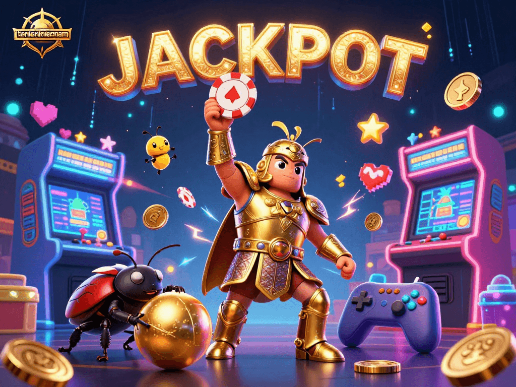 Experience high-stakes excitement with tienlenmiennam as cartoon characters celebrate in a dazzling casino scene.