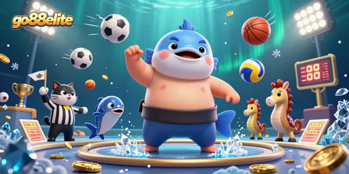 Experience the thrill at go88elite with a dynamic underwater casino scene featuring a fugu champion and lively spectators.