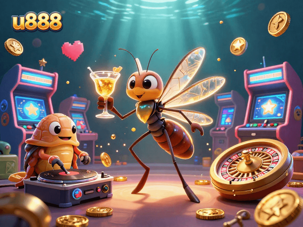 Experience the thrill of u888 with a lively casino illustration featuring unique characters and dynamic gaming elements.