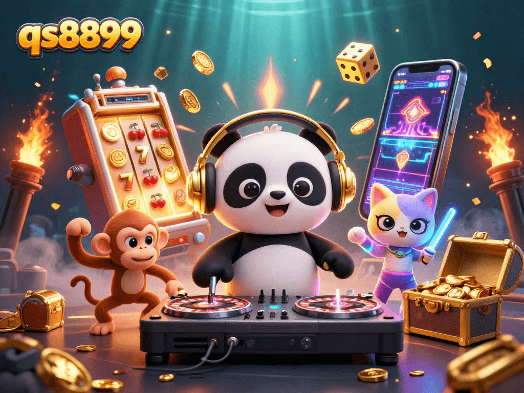 Experience the excitement of qs8899 with a vibrant 3D casino scene featuring a DJ panda and dynamic gaming elements.