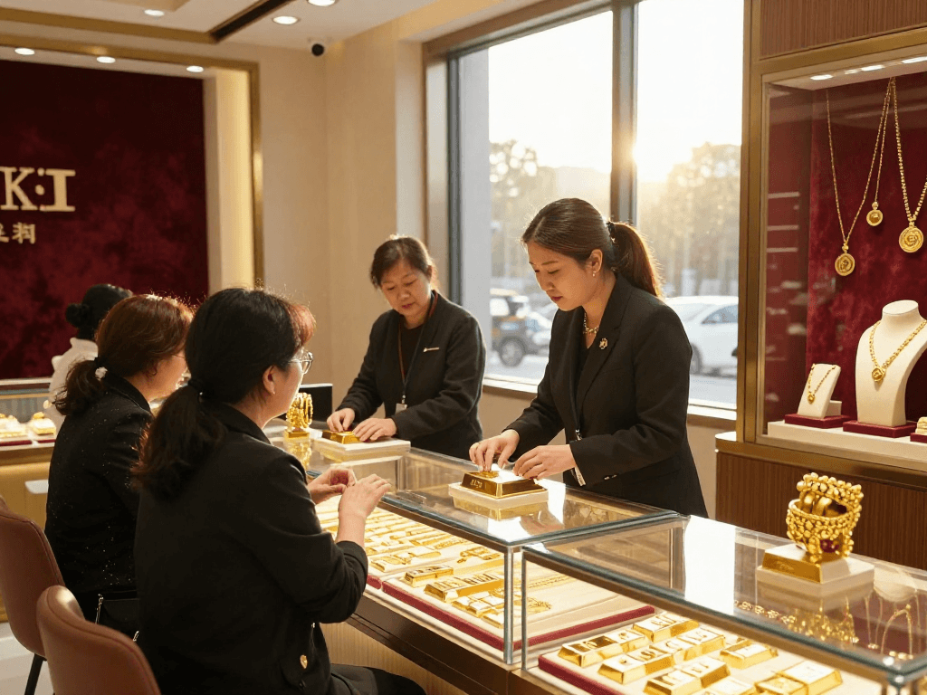 Jeweler consulting with customers, showcasing gold jewelry and bars, mantra88 present in premium shopping environment.