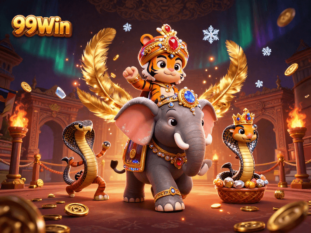 Experience the thrill at 99Win with an illustration of a tiger maharaja at a vibrant casino scene.