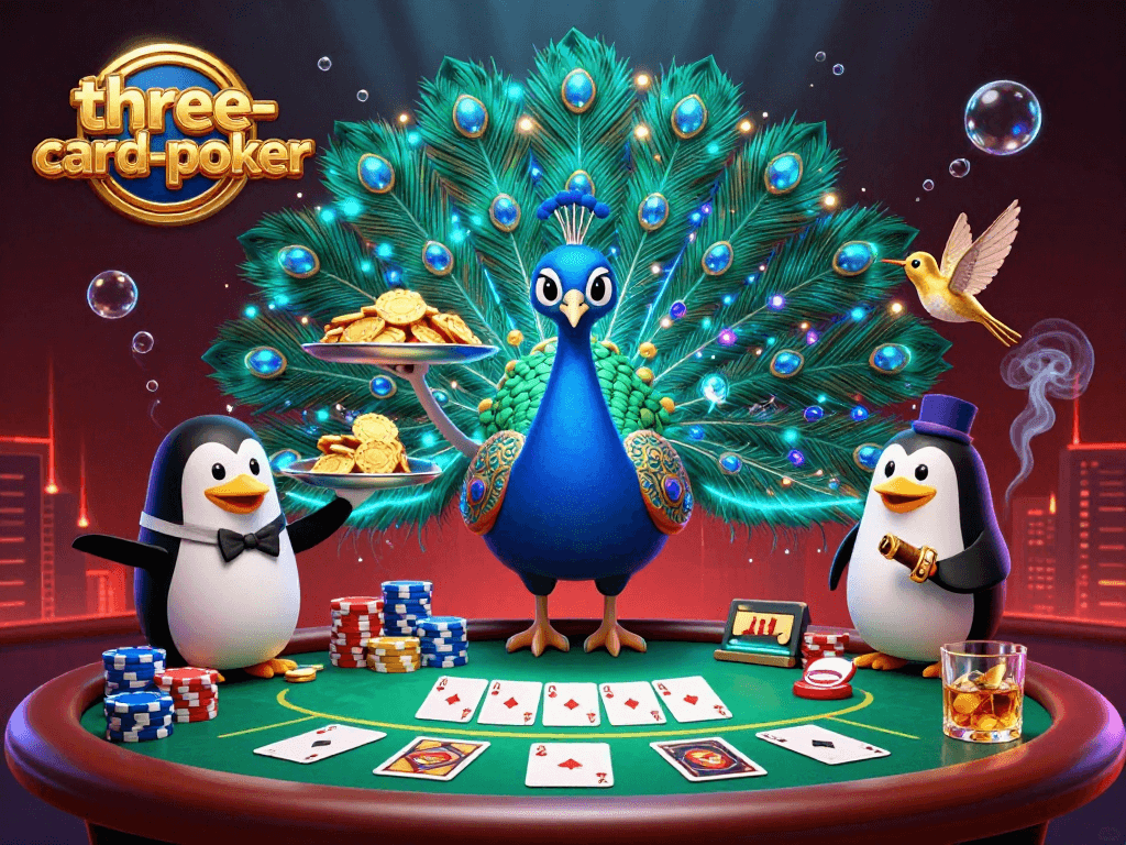 Experience three-card-poker with vibrant characters and dynamic casino elements in this animated illustration.
