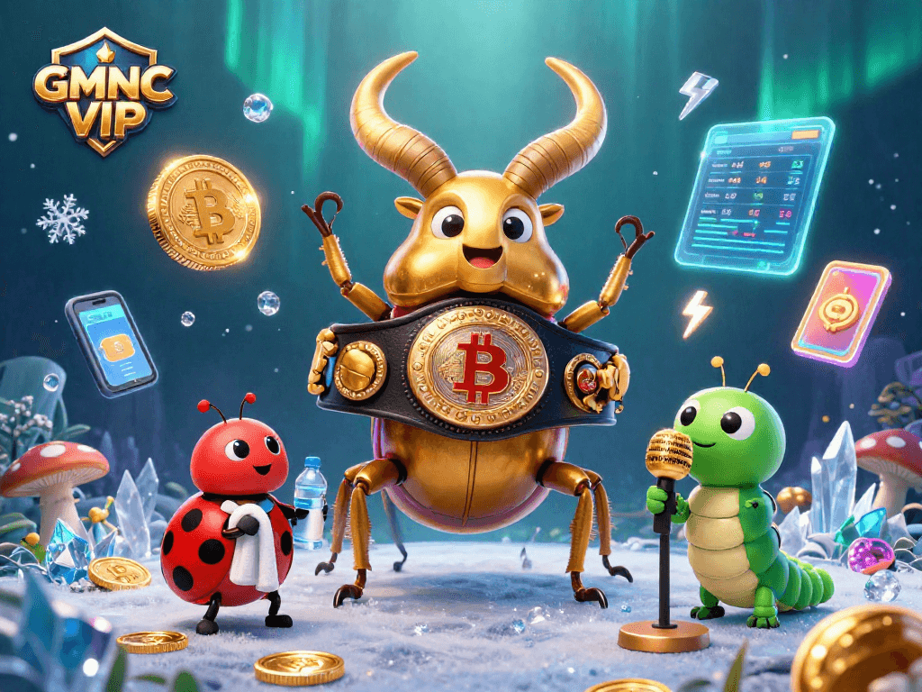 Experience the thrilling challenge of GMNC VIP with vibrant crypto elements and dynamic characters.