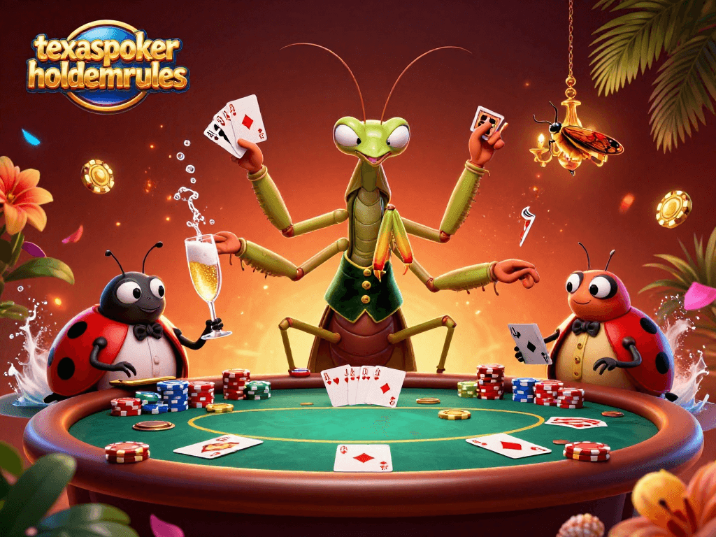 texaspokerholdemrules showcases a 3D mantis dealer distributing poker cards while chips and casino lights surround.