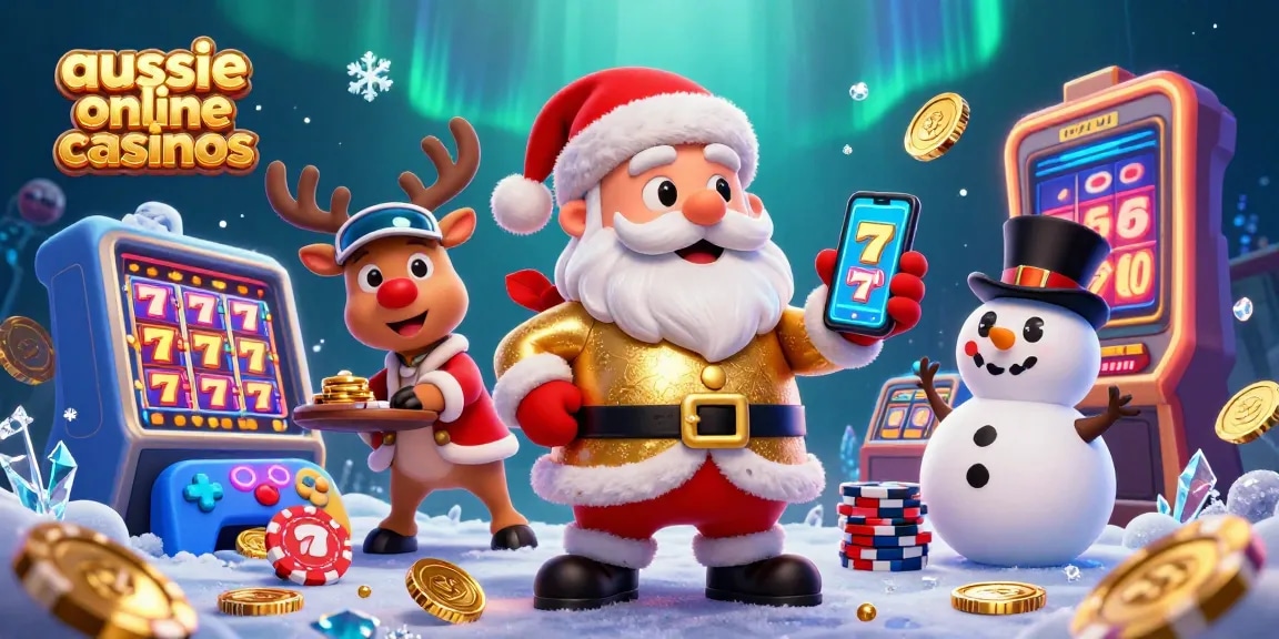 Aussie online casinos scene with Santa in a casino outfit, jackpot slots, and colorful elements