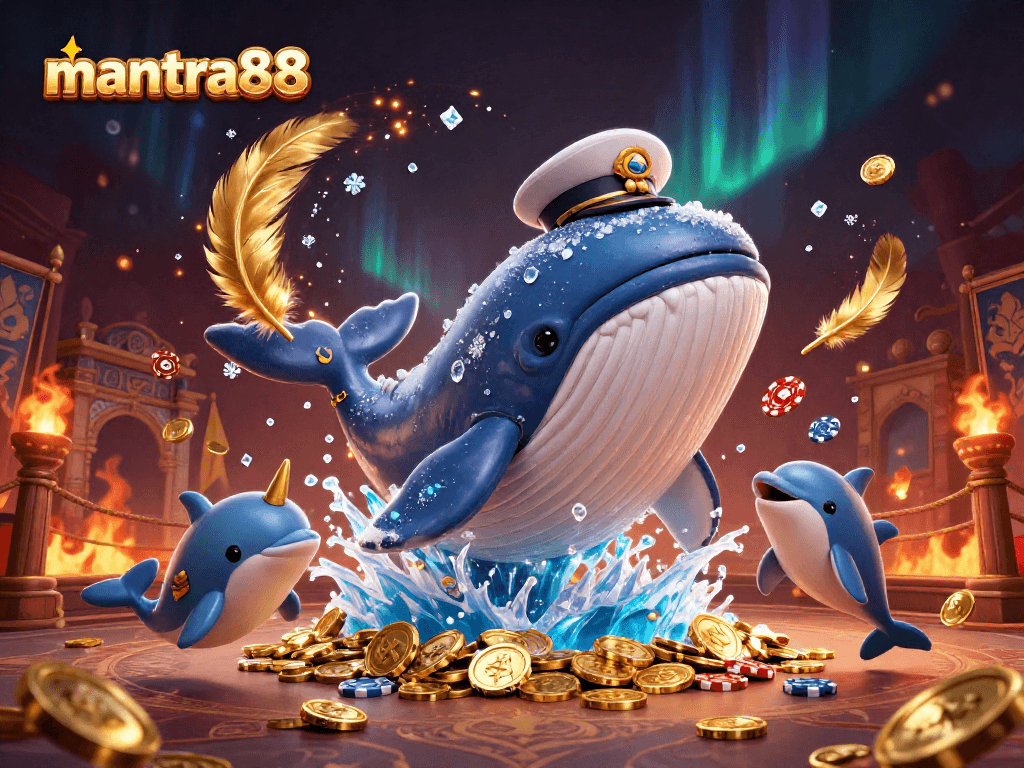 Play poker and win big at mantra88 with playful dolphins and a golden narwhal in a vibrant sea of coins.