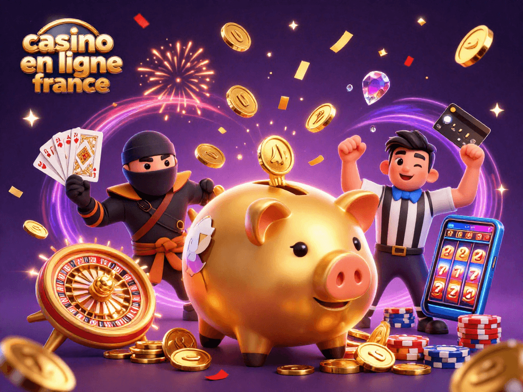 Plongez dans l'univers du casino en ligne France avec cette illustration captivante montrant un sumo en forme de tirelire.
