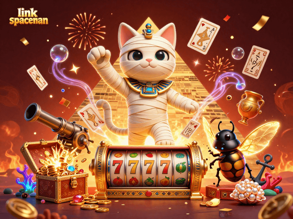Experience exciting gameplay with link spaceman in a vibrant casino illustration featuring a mummy cat and treasures.