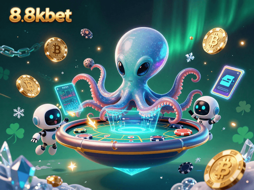 Engage in thrilling gameplay with 88kbet's playful alien octopus at a vibrant poker table.