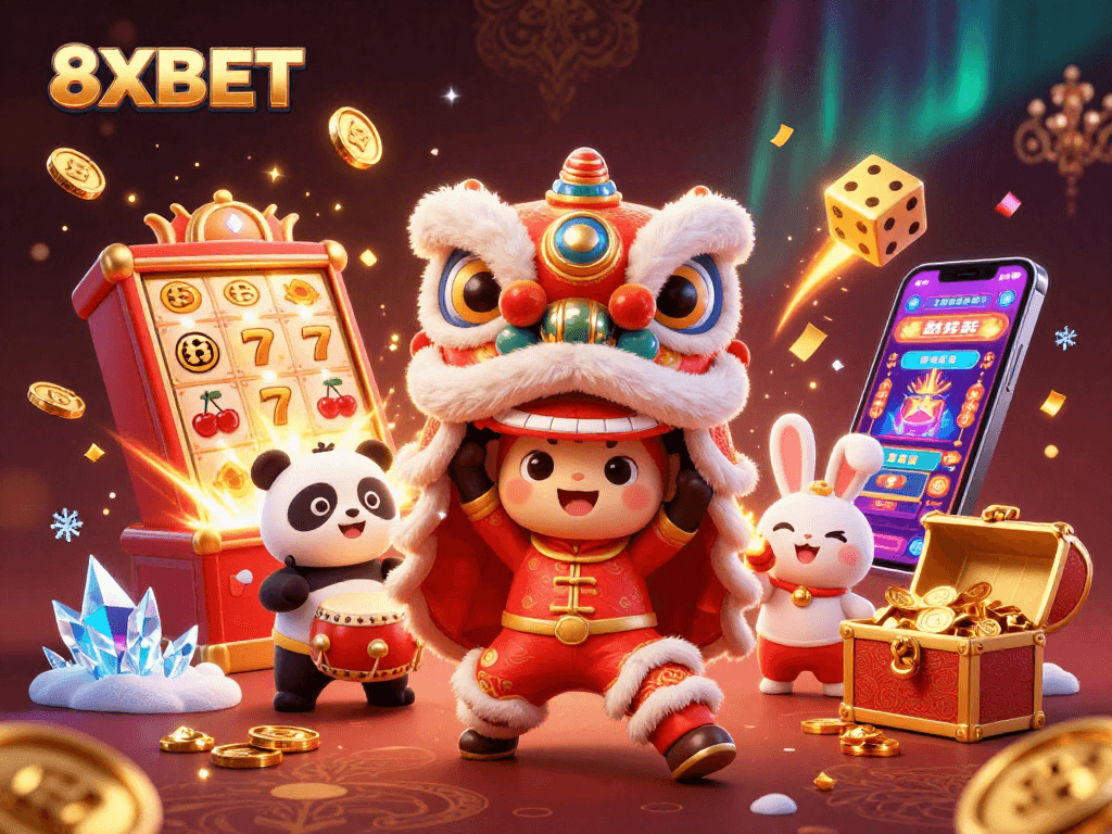 Experience winning moments with 8XBET in an exciting casino scene featuring vibrant characters.