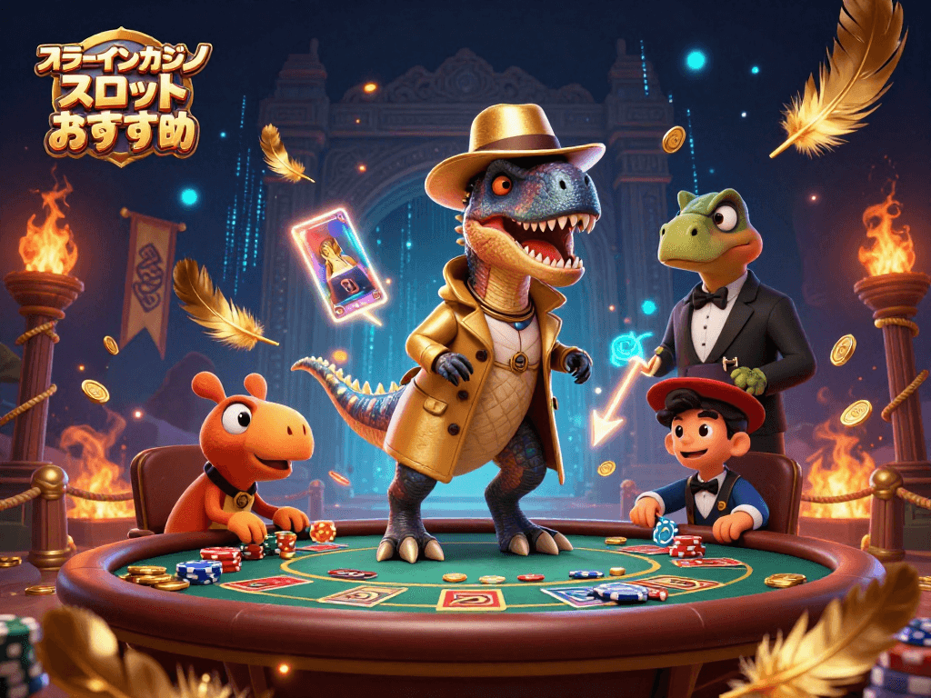 オンラインカジノ スロット おすすめのシーンで、恐竜キャラクターたちが楽しむカジノゲームの様子。
