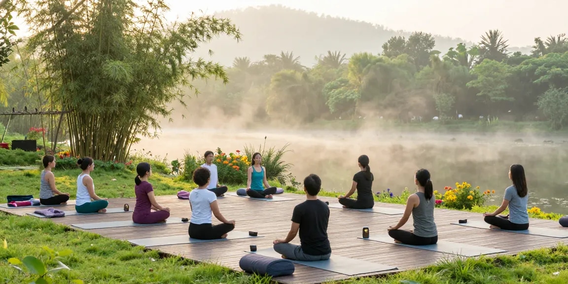 Yoga session at a wellness retreat during sunrise with nature backdrop.