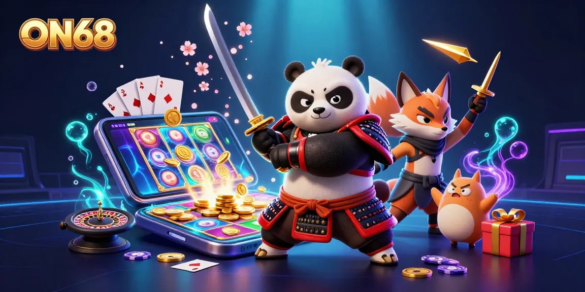 Experience the thrill of gaming at ON68 with samurai panda and ninja fox in action!
