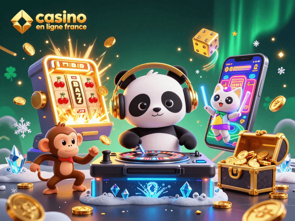 Les jeux de casino en ligne France prennent vie avec un panda DJ, un singe danseur et un chat en rave, entourés de jackpots et de lumières.