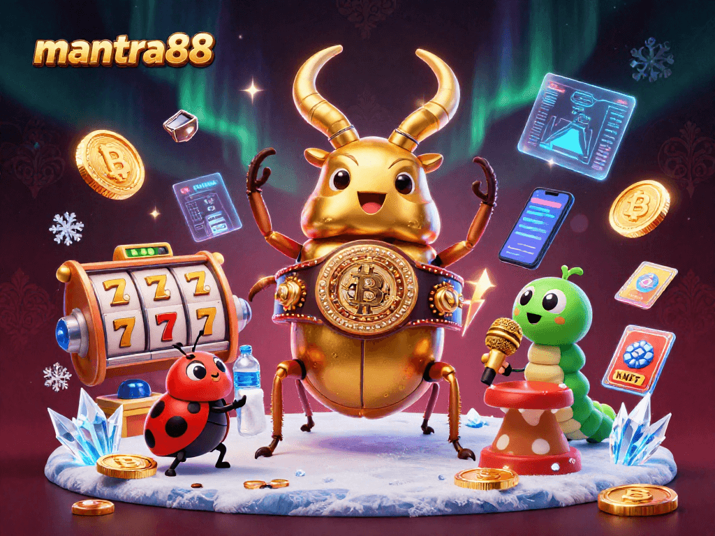 Engage with mantra88 as you spin the slots amid vibrant casino-themed characters and crypto elements.