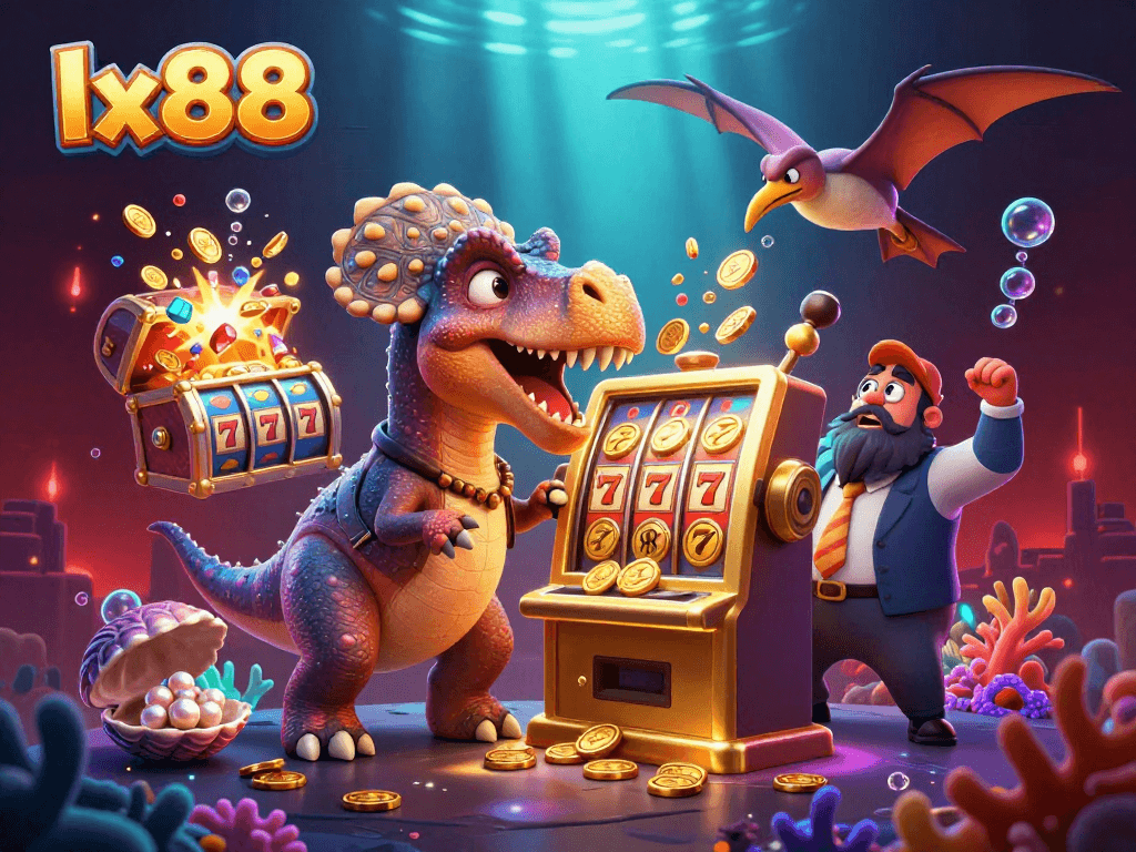 lx88 impressively showcases a jackpot explosion in a dinosaur-themed casino scene.