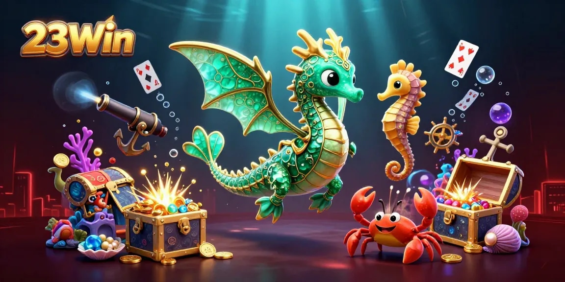 Experience the thrilling underwater adventure at 23Win with treasure-laden sea dragon and vibrant casino elements.