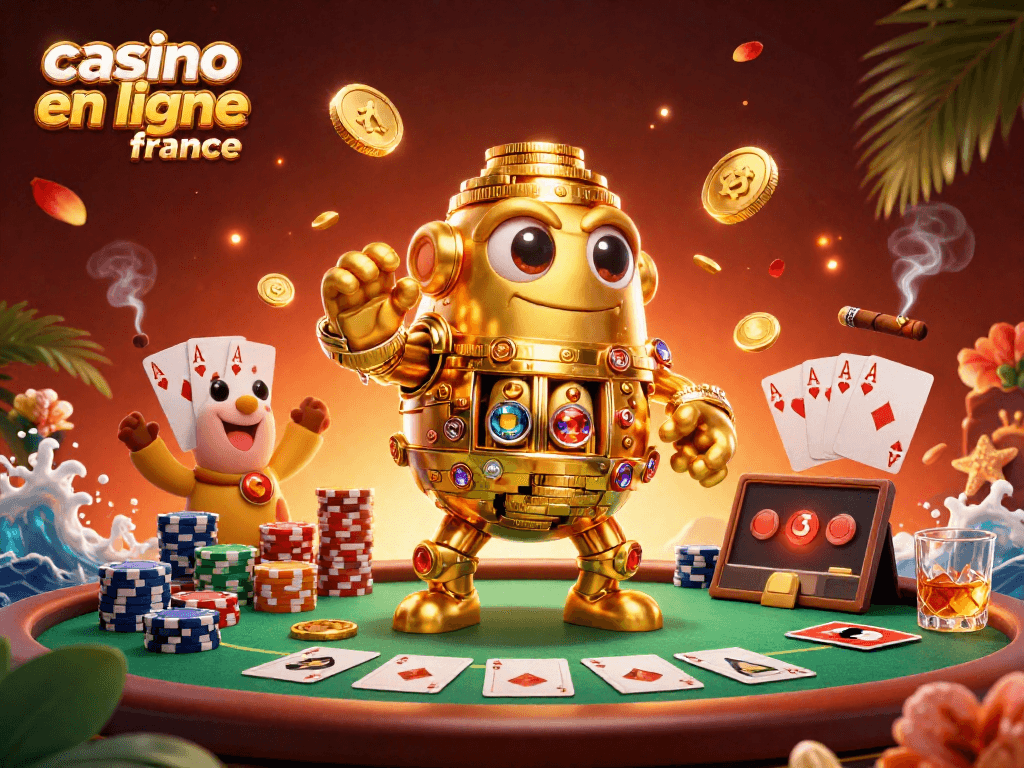 Jouez au casino en ligne France avec des éléments de poker et un golem en or.