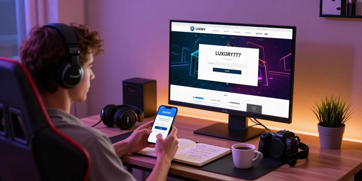 Pengguna LUXURY777 Login di ruang permainan modern dengan monitor besar.