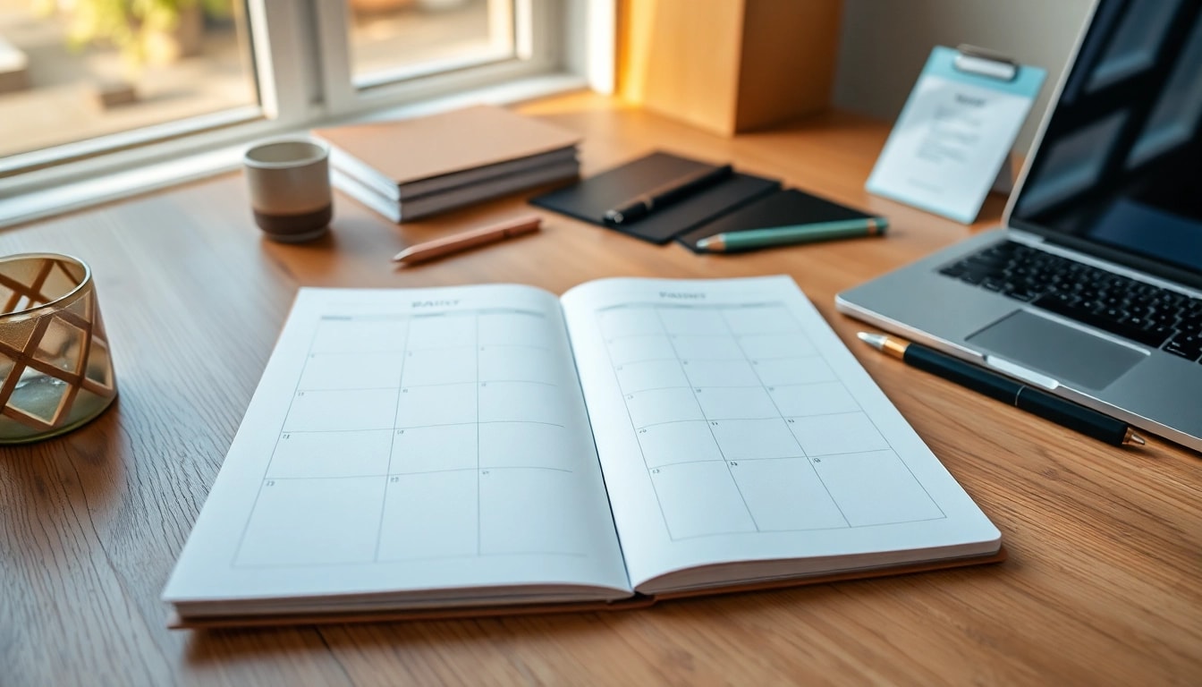 Effortless Daily Organization depicted through a serene workspace with a daily planner and natural light.