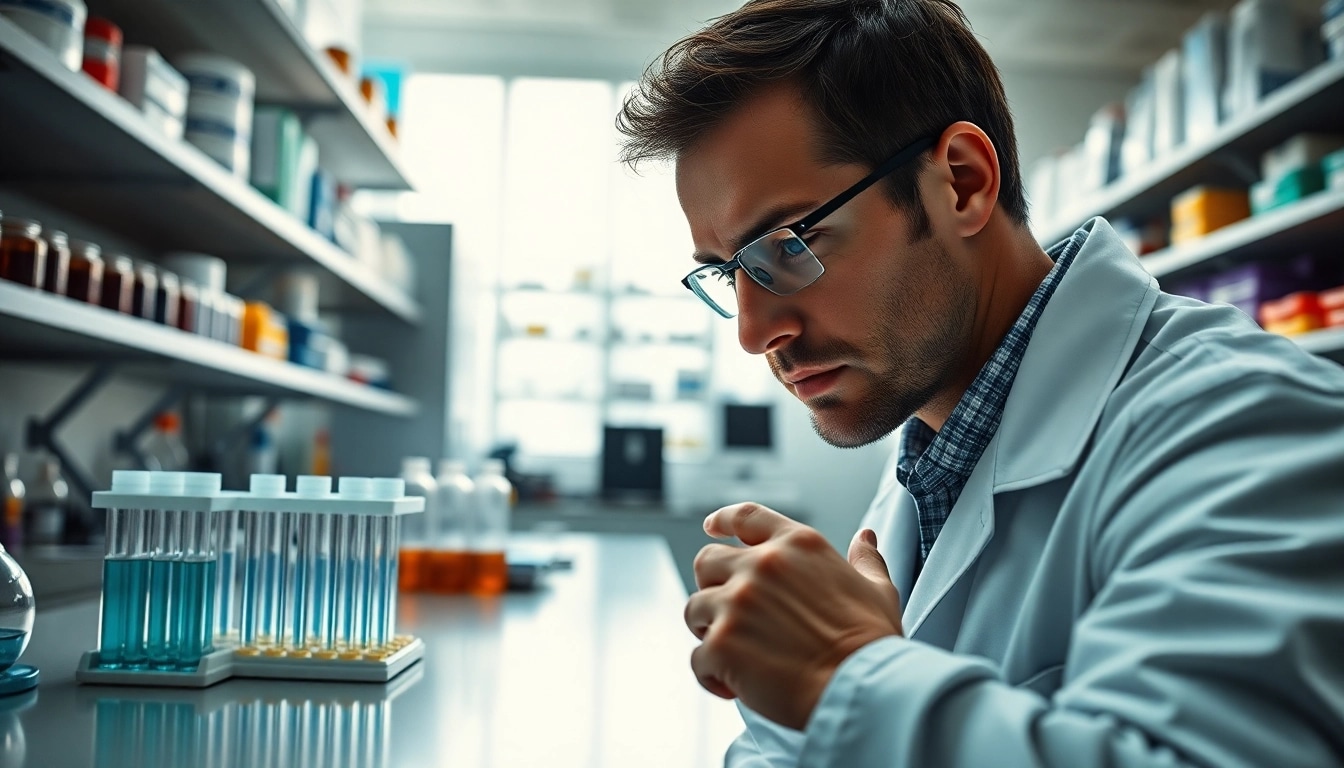 Analyze the peptide cagri in a professional lab setting with vibrant colors and focused atmosphere.